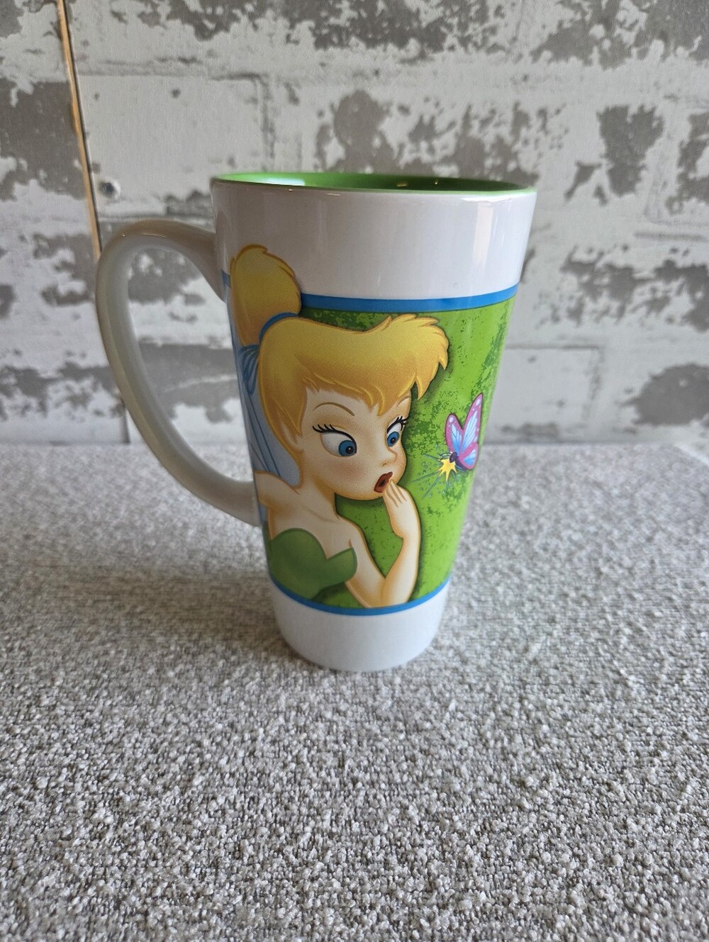 Disney Store Tinkerbell Tall Latte Mug Green Interior Butterfly Ceramic Pixie